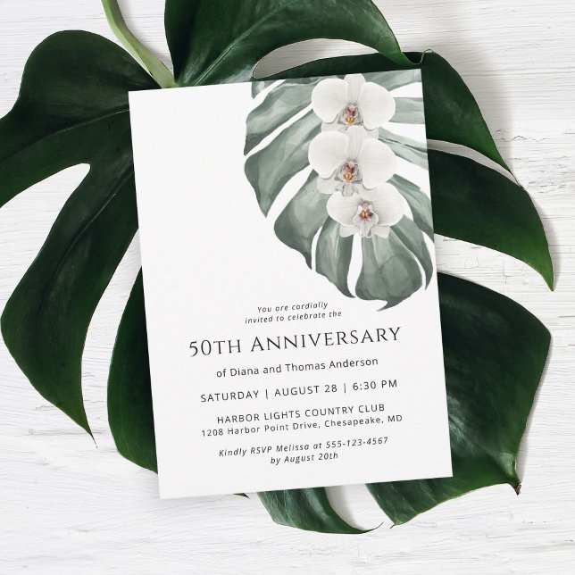 Convite Orquídeas Brancas — Paraíso Tropical 50º Aniversár (Celebrate a 50th wedding anniversary in island style with this white orchid invitation.)
