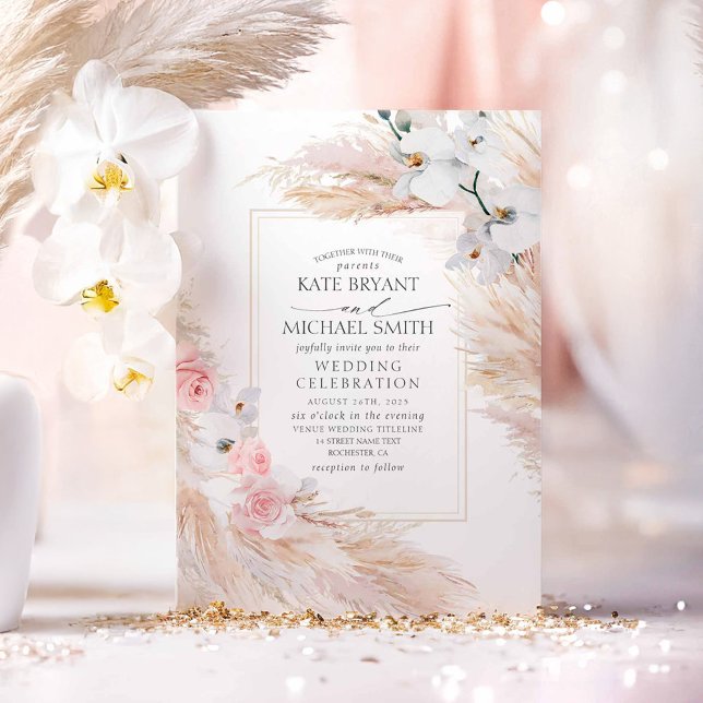 Convite Orquídeas Brancas Rosas Escamoteadas e Casamento d (Pampas Grass Boho Wedding Invitations)