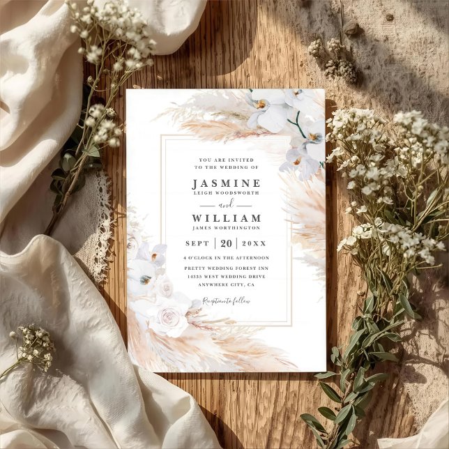 Convite Orquídeas Brancas Rosas Grama Pampas Código QR Cas (Criador carregado)