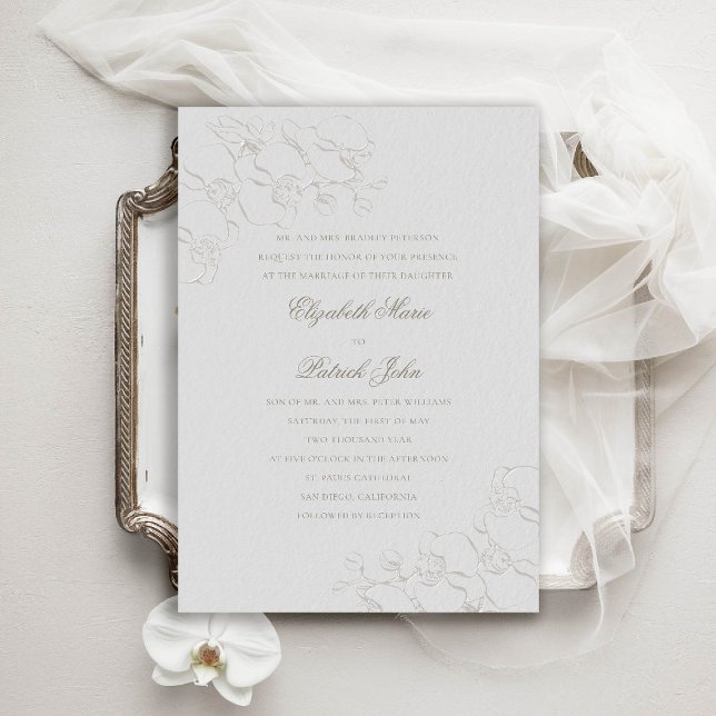 Convite Orquídeas Casamento Formal de Pais Tradicionais (orchids wedding invitation formal traditional modern classic double frame ivory faux embossed parent)