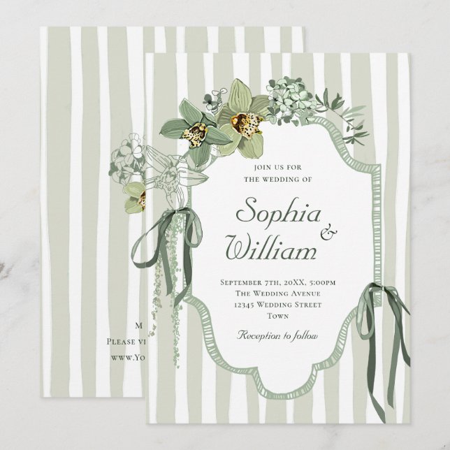 Convite Orquídeas Casamento Verde Sage Pintadas à Mão (Frente/Verso)