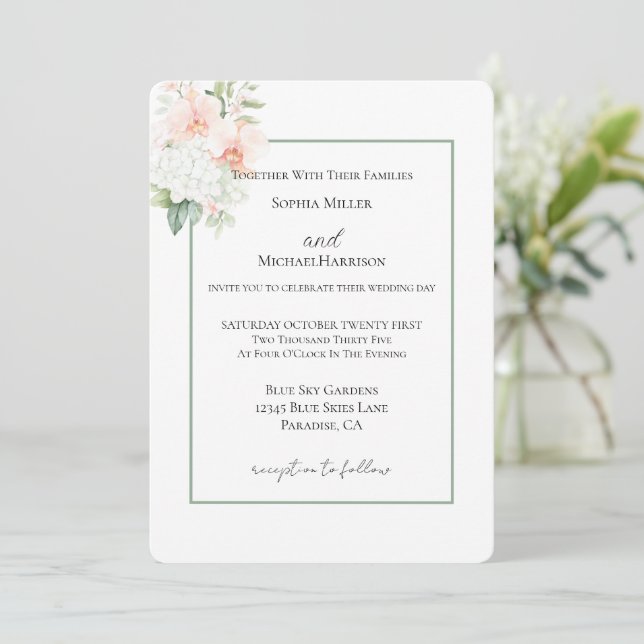 Convite Orquídeas Cor-de-rosa Verde Amora Doce Casamento (Em pé/Frente)