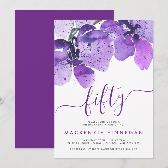 Convite Orquídeas de Aquarela Violet Fiftieth Festa de ani (Frente/Verso)