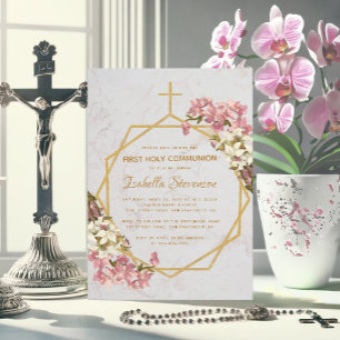 Convite Orquídeas Dourado Floral Mármore Primeira Comunhão