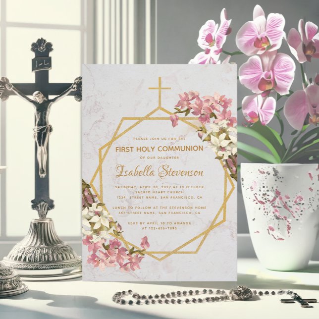 Convite Orquídeas Dourado Floral Mármore Primeira Comunhão (Criador carregado)
