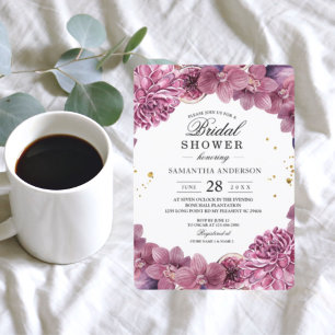 Convite Orquídeas e figuras rosadas e roxas de aquarela el