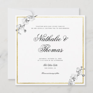 Convite Orquídeas Elegantes Casamento Dourado Branco Negro