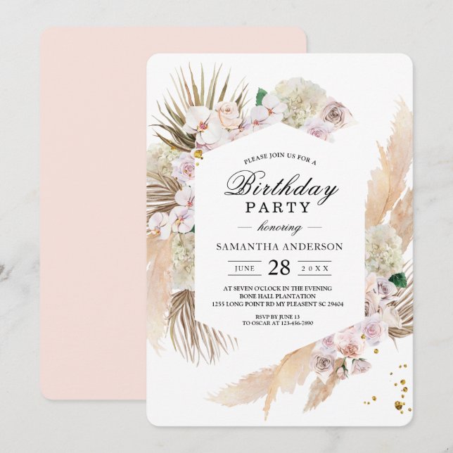 Convite Orquídeas Florais Elegantes e Quadro de Beleza Pam (Frente/Verso)