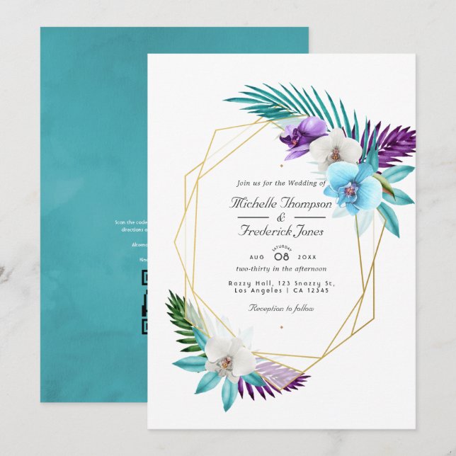 Convite Orquídeas Geométricas Tropicais Código QR RSVP Cas (Frente/Verso)