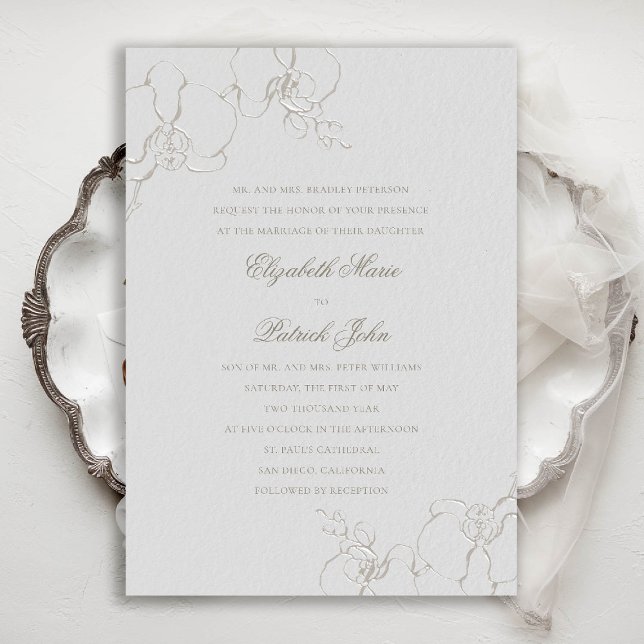 Convite Orquídeas Graciosas Casamento Formal de Marfim (orchids wedding invitation formal traditional modern classic elegant classy ivory flowers floral)