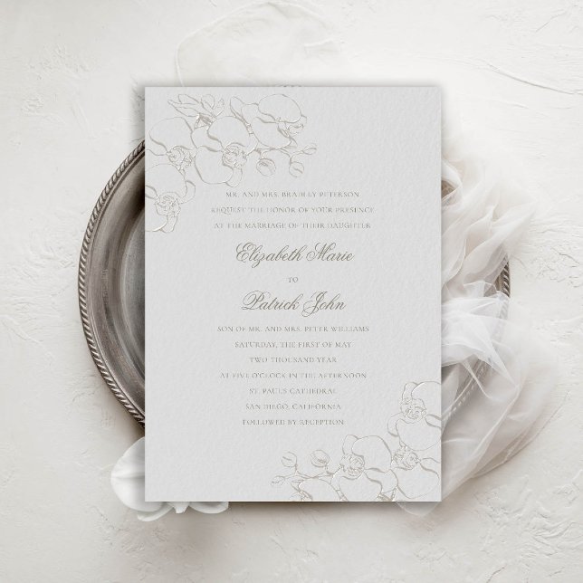 Convite Orquídeas Ivory 2 Casamento formal de pais tradici (orchids wedding invitation formal traditional modern classic double frame ivory faux embossed chic)