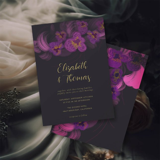 Convite Orquídeas Românticas Roxas Escuras Casamento Flora (moody romantic wedding invitation dark magenta purple orchids gothic elegant gold formal)