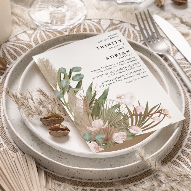 Convite Orquídeas Rosa-Boho, Folhas Secas com Casamento Pa (Criador carregado)