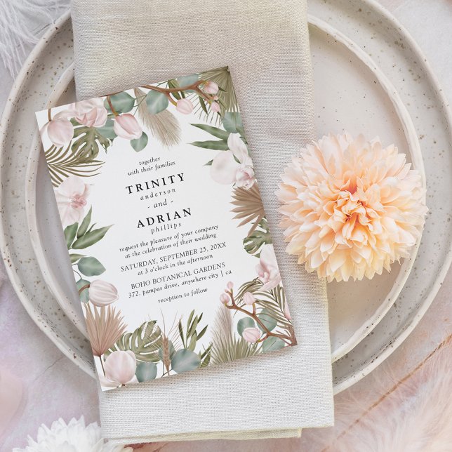 Convite Orquídeas Rosa Chic Boho e Casamento de Folhas Sec (Criador carregado)