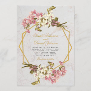Convite Orquídeas Rosa e Dourado Mármore Geométrico Floral