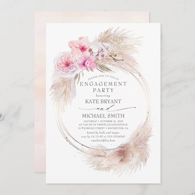 Convite Orquídeas Rosa e Festa de noivado de Grama Pampas (Frente/Verso)