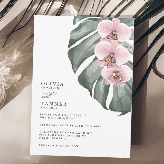 Convite Orquídeas Rosa no Casamento Tropical de Monstera (Criador carregado)
