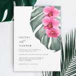 Convite Orquídeas Rosa Quente no Casamento Tropical de Mon<br><div class="desc">Dê vida à sua visão de casamento de sonho com este design de convite de casamento tropical único. Apresenta um trio de vibrantes cor-de-rosa-quente - orquídeas de fúcsia e uma bela folha de monstera em aquarelas moles. A design é simples e elegante com um olhar minimalista energizado pelos elementos botânicos...</div>
