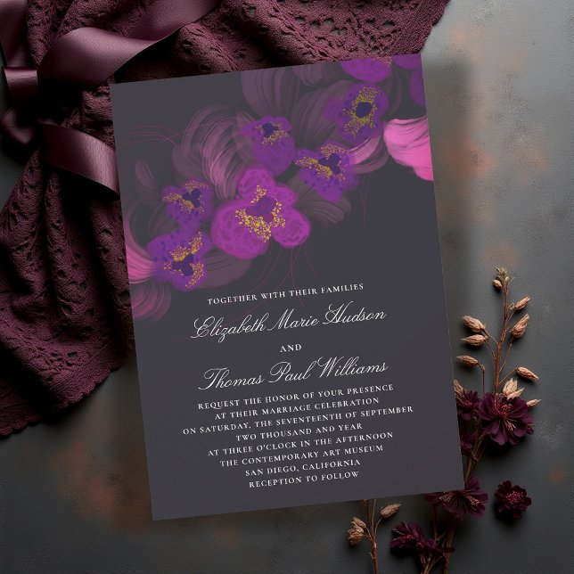Convite Orquídeas Roxas Escuras Mal-humoradas Florais Casa (orchid wedding invitation moody purple dark romantic whimsigoth elegant modern classic formal black)