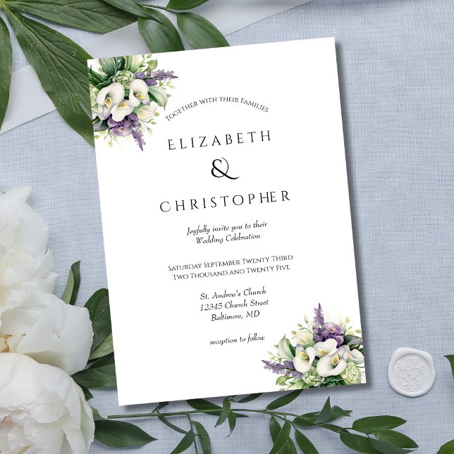 Convite Orquídeas Roxas Lírios-de-Calla Brancos Casamento  (Purple Orchids White Calla Lilies Floral Flowers Modern Elegant Wedding Invitation)