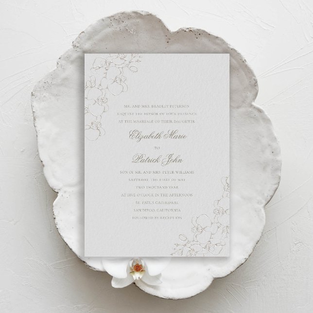 Convite Orquídeas Silky Ivory 2 Casamento tradicional form (orchids wedding invitation formal traditional modern classic elegant classy ivory faux embossed silk)