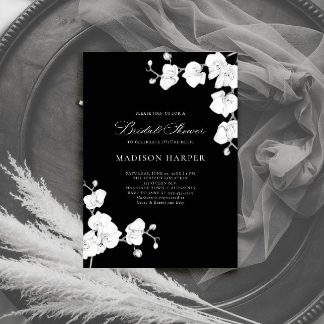 Convite Orquídeas Simples Chá de panela branco Elegante 2  (orchids bridal shower invitation black white art floral sketch modern classic formal elegant classic)