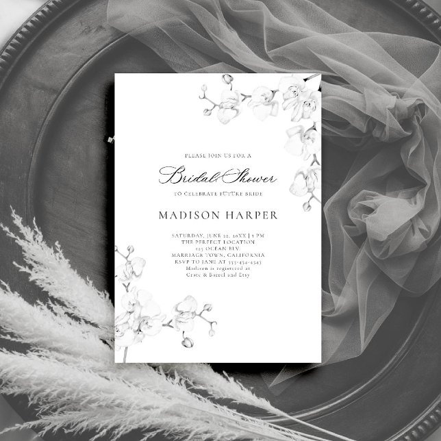 Convite Orquídeas Simples Chá de panela Branco Elegante Ne (orchids bridal shower invitation black white art floral sketch modern classic formal elegant romance)
