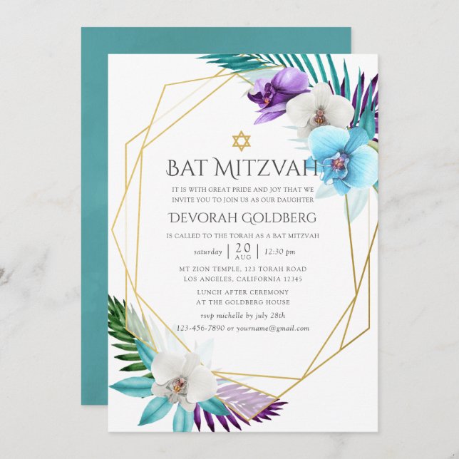 Convite Orquídeas Tropicais Aquarela Bat Geométrico Mitzva (Frente/Verso)