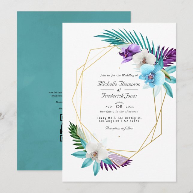 Convite Orquídeas Tropicais Geométricas Código QR RSVP Cas (Frente/Verso)