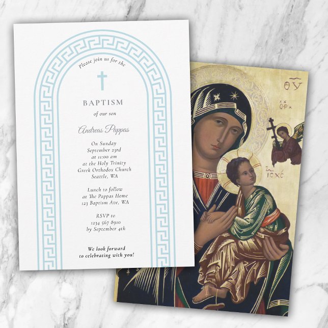 Convite Ortodoxo grego Natal Batismo Azul Chave grega (Greek Orthodox Christening Baptism Blue Greek Key Invitation)