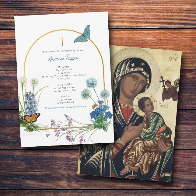 Convite Ortodoxo grego Natal Batismo Garoto Selvagem (Greek Orthodox Christening Baptism Boy Wildflower Invitation)