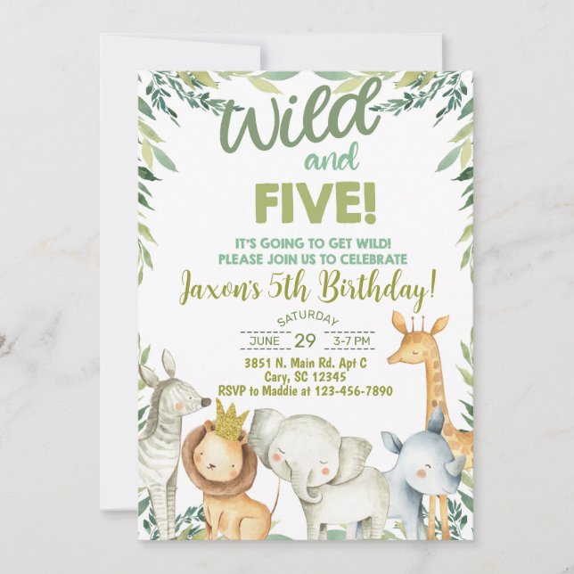 Convite Os animais Safari fazem 5. (Frente)