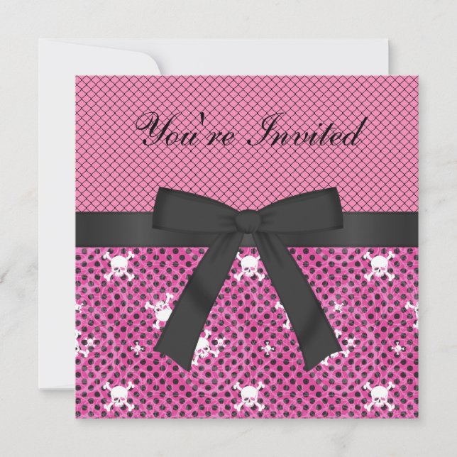 Convite Os crânios bonitos & o aniversário cor-de-rosa das (Frente)