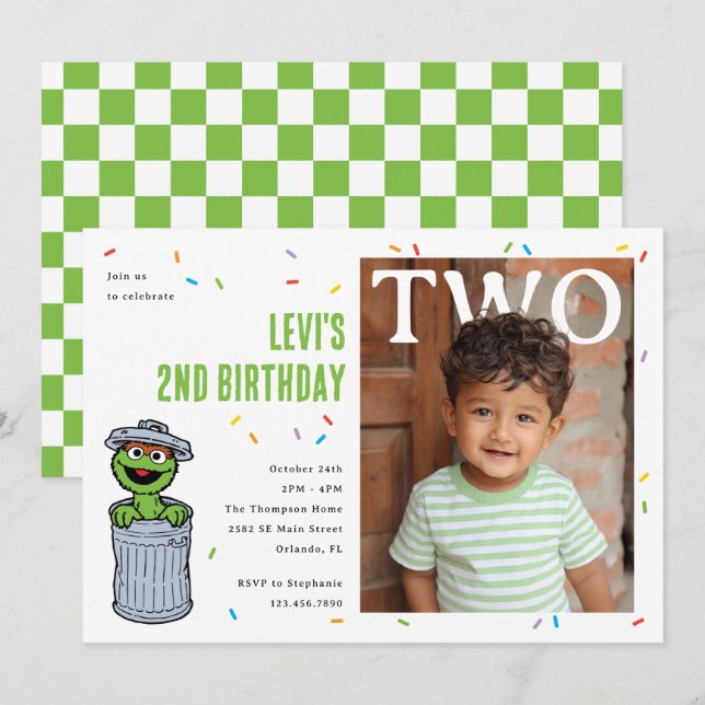 Convite Oscar the Grouch Green Confetti Second Birthday (Frente/Verso)