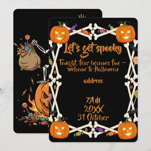 Convite Ossos Assustadores e Esqueletos para o Halloween (Frente/Verso)