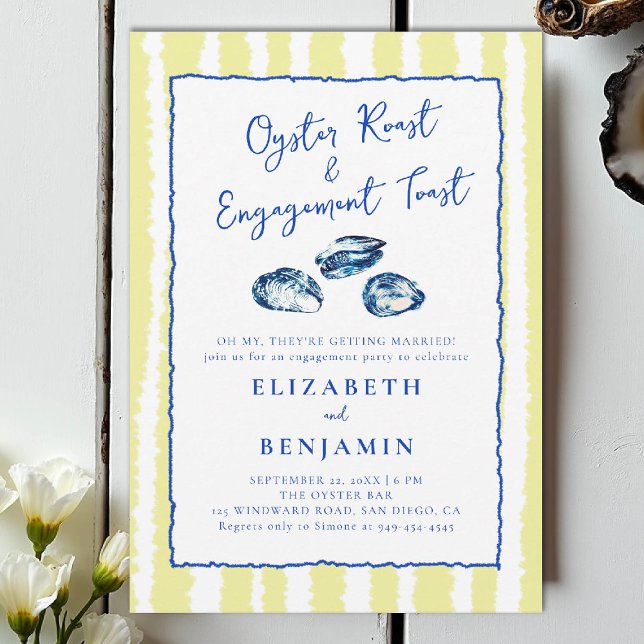 Convite Ostra Festa de noivado Azul-Amarelo-Azul-Torrado (nautical engagement invitation oyster party coastal seaside yacht club boat beach blue handdrawn)