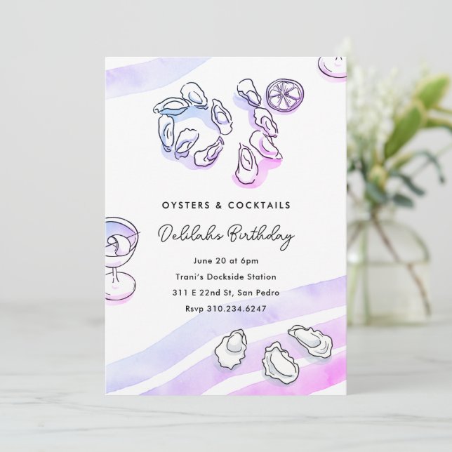 Convite Ostras e coquetéis sofisticados de tinta aquosa (Em pé/Frente)