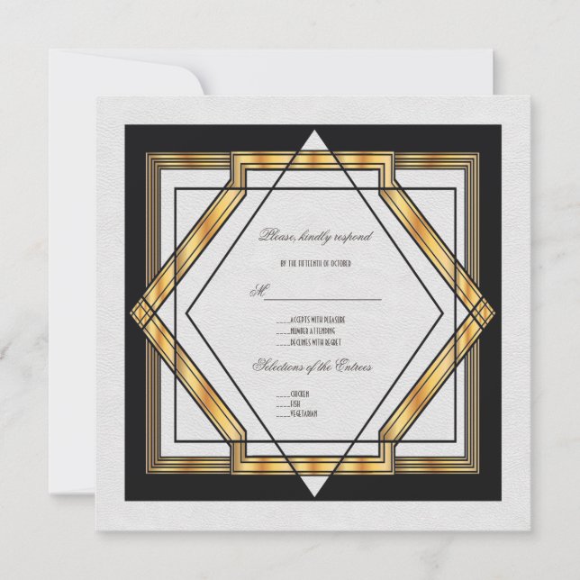 Convite Ótimo Casamento Art Déco Dourado e Branco de Gatsb (Frente)