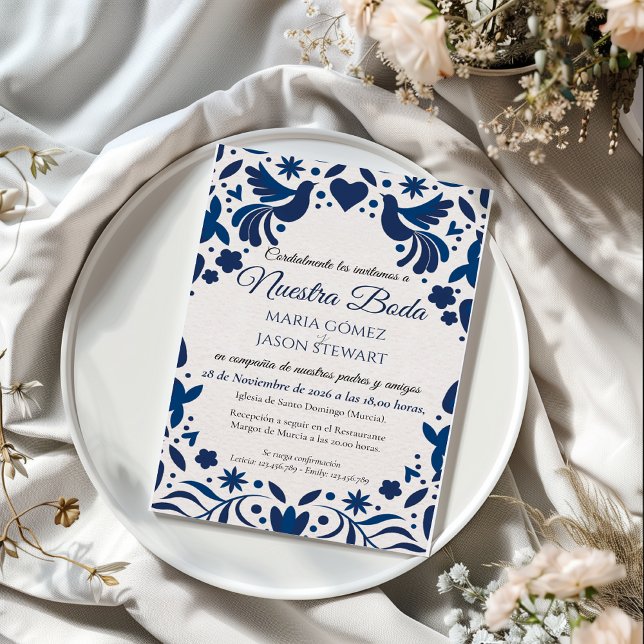 Convite Otomi Blue Floral Elegant Fiesta Spanish Wedding (Otomi Blue Floral Elegant Fiesta Spanish Wedding Invitation)