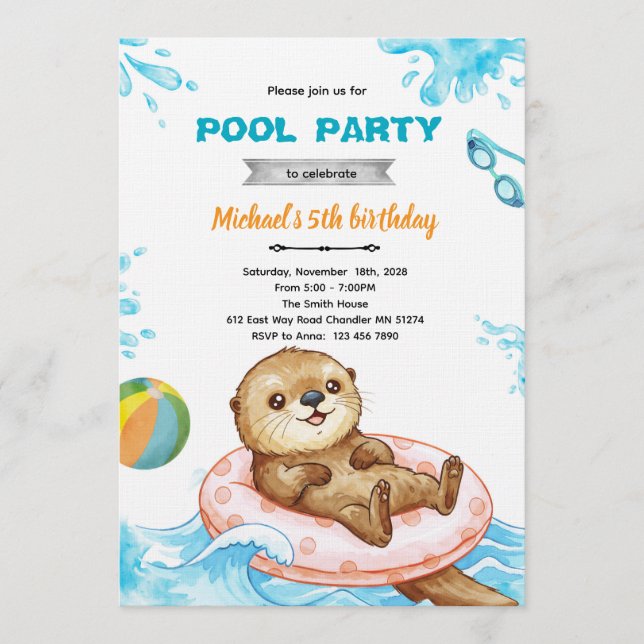 Convite Otter Pool Party Birthday Invitation (Frente)