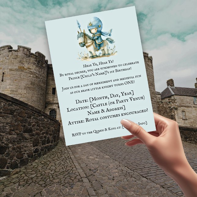 Convite Ouçam, Ouçam. Primeiro aniversario de Knight-Theme (Hear Ye, Hear Ye! Knight-Themed Boy’s 1st Birthday Invitation)