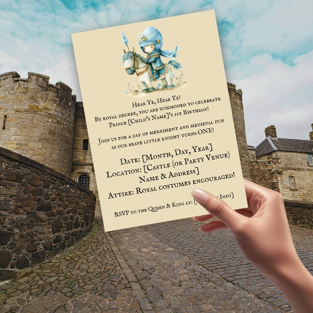 Convite Ouçam, Ouçam. Primeiro aniversario de Knight-Theme (Boy's Medieval 1st Birthday Invitation)