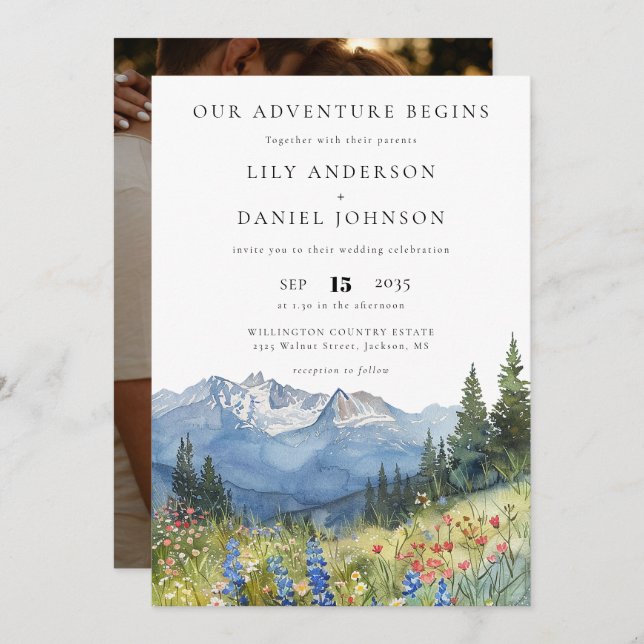 Convite Our Adventure Mountain Wildflowers Photo Wedding (Frente/Verso)