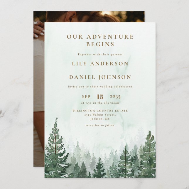 Convite Our Adventure Rustic Pine Forest Photo Wedding (Frente/Verso)