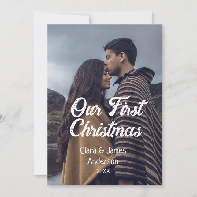 Convite Our first Christmas couple photo name white gray (Frente)