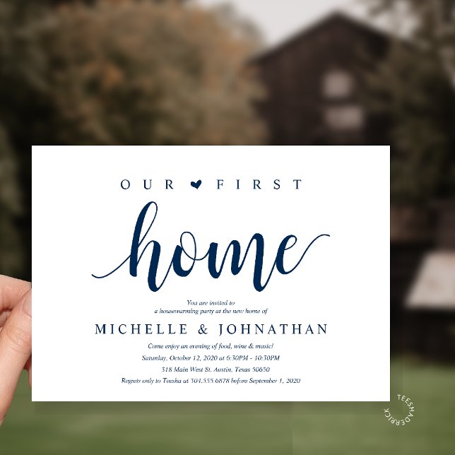 Convite Our First Home Housewarming party (Our First Home Housewarming party Invitation Card in Navy Blue)