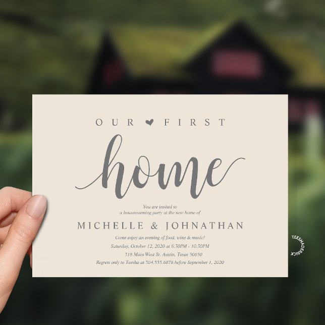 Convite Our First Home Modern Rustic Housewarming party (Our First Home Housewarming party Invitation Card in Cream Grey)