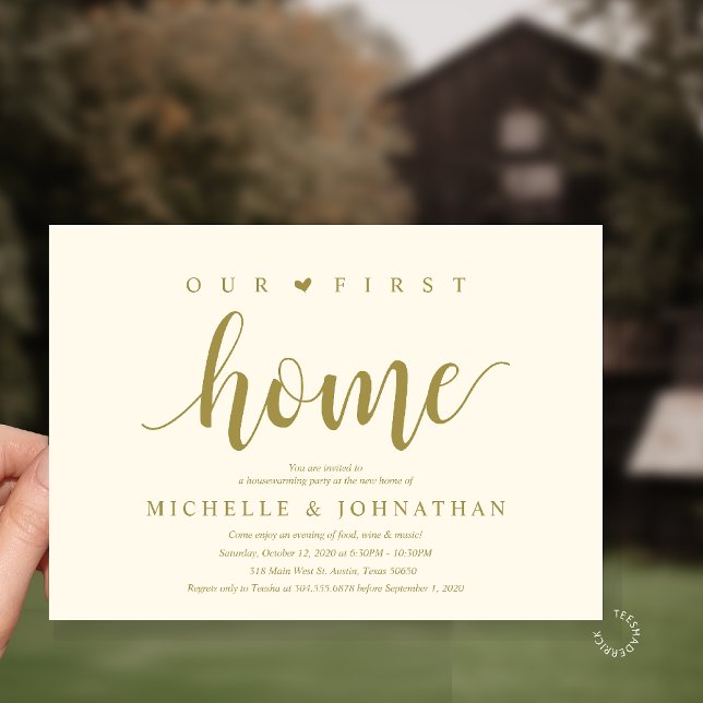 Convite Our First Home Modern Rustic Housewarming party (Our First Home Housewarming party Invitation Card in Yellow Gold)