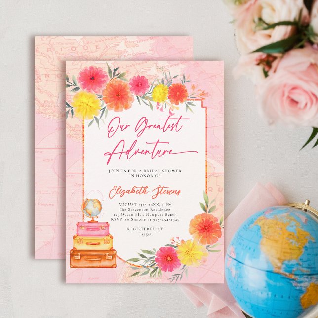 Convite Our Greatest Adventure Floral Travel Zinnia Bridal (travel bridal shower invitation floral watercolor world map suitcase tropical hot pink orange yellow)