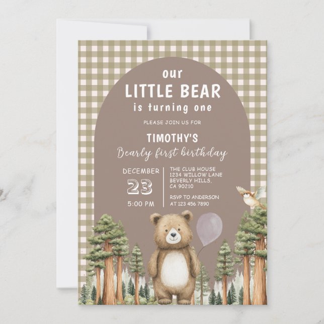 Convite Our Little Bear is Turning One Forest Gingham (Frente)